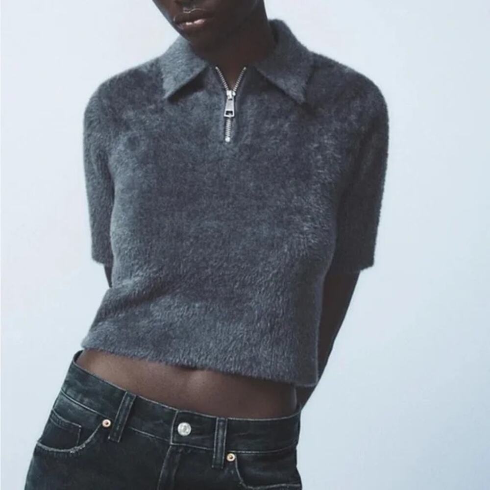 Zara Short Sleeve 1/4 Zip Collared Cropped Faux Polo Top Charcoal Gray Medium